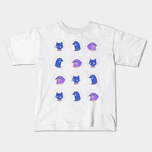 Two purple and blue male birds one blue lady cat, version 2 Kids T-Shirt